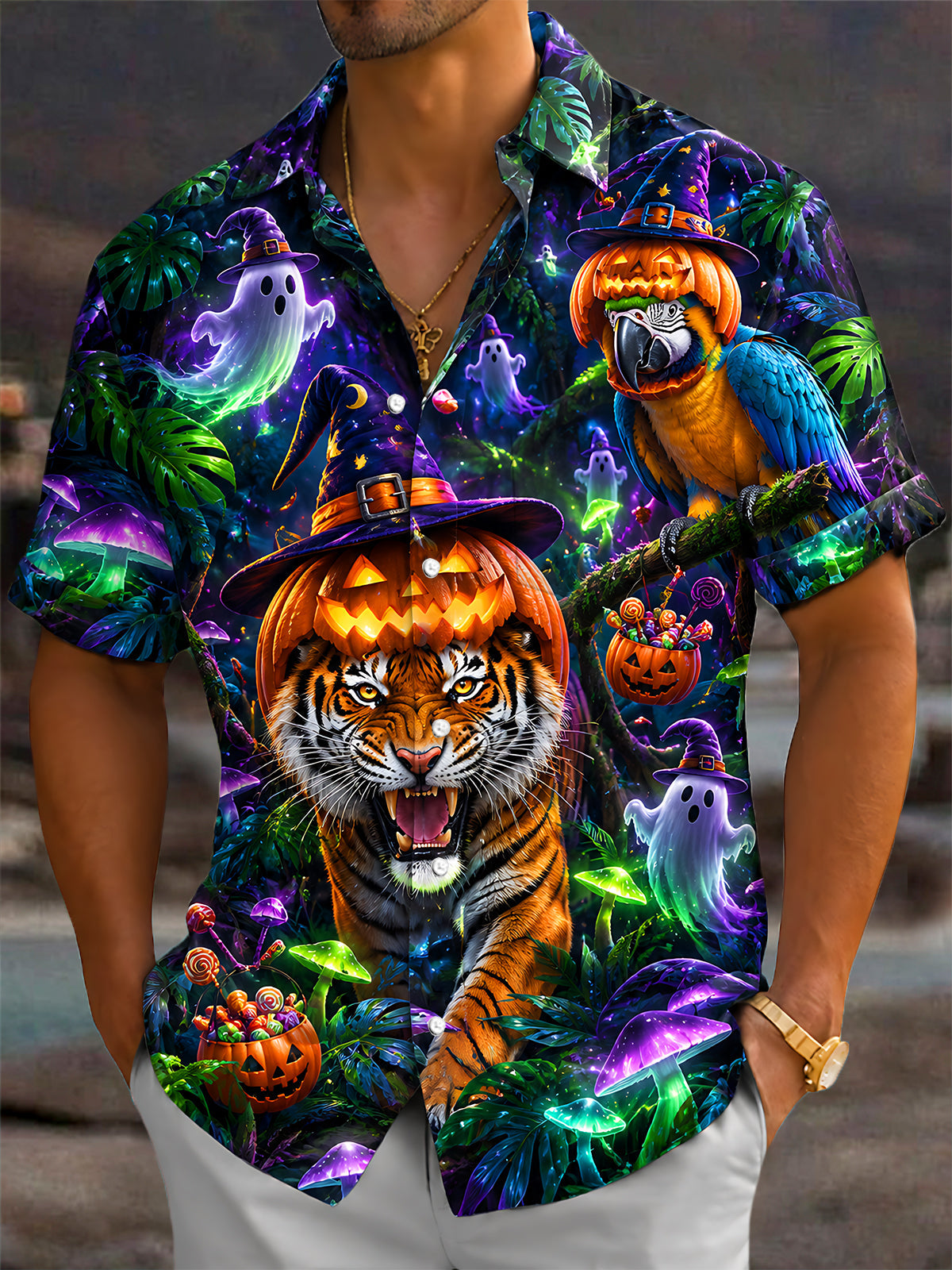 Oceanlyte Men's Hawaiian Halloween Tiger Print Short Sleeve Shirt with Chest Pocket