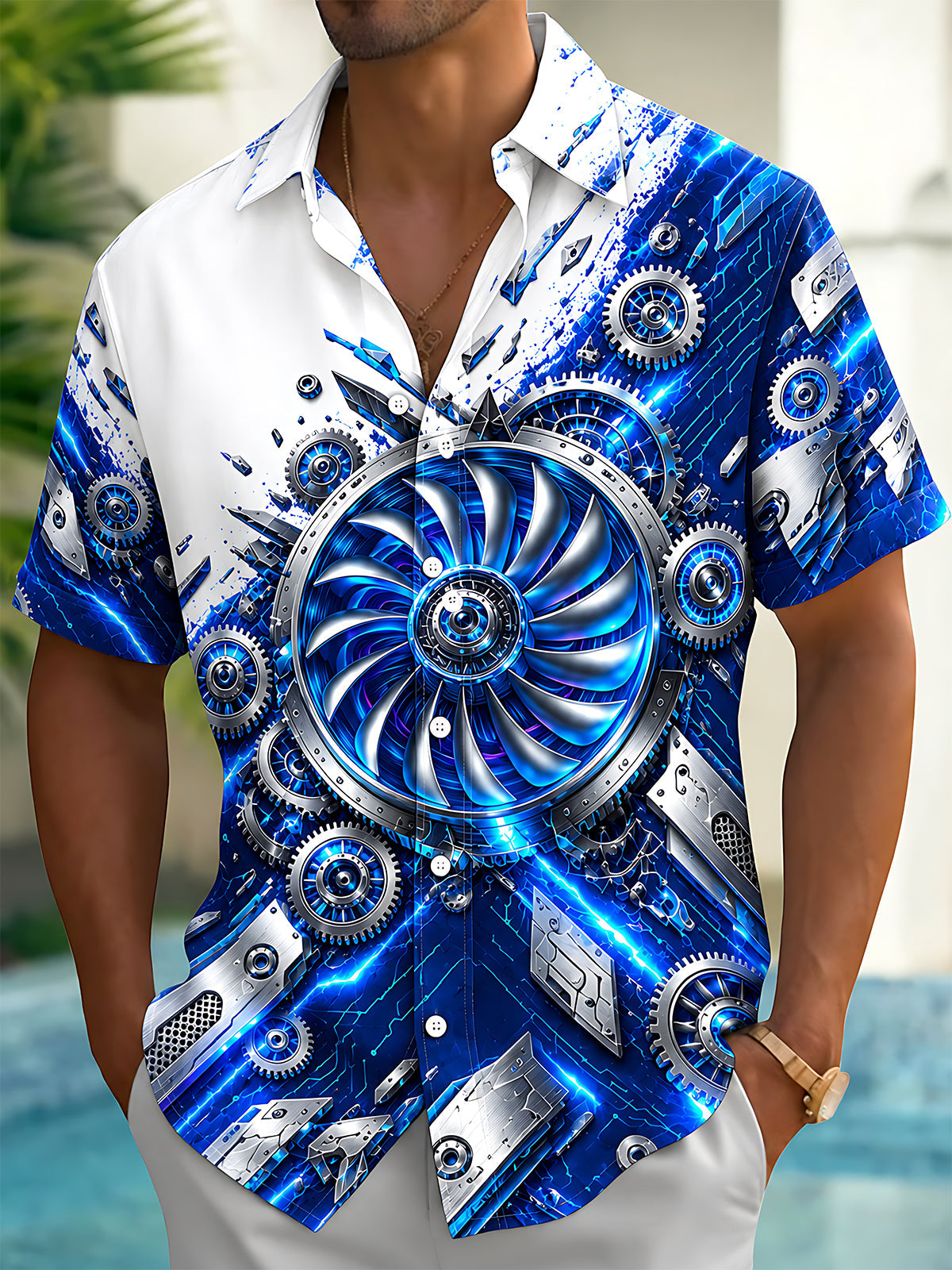 Oceanlyte Men's Graphic Mechanical Turbine Gear Print Short Sleeve Shirt with Chest Pocket