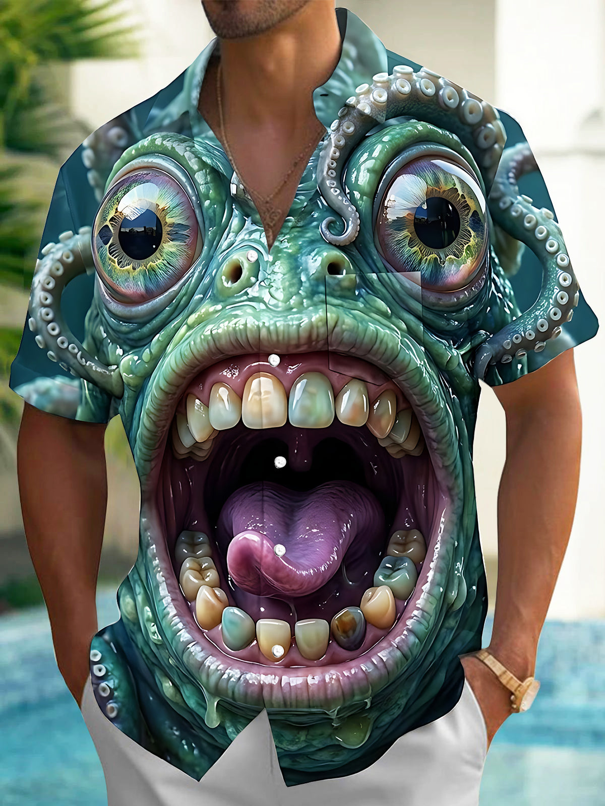 Oceanlyte Men's Graphic Octopus Monster Face Print Short Sleeve Shirt with Chest Pocket