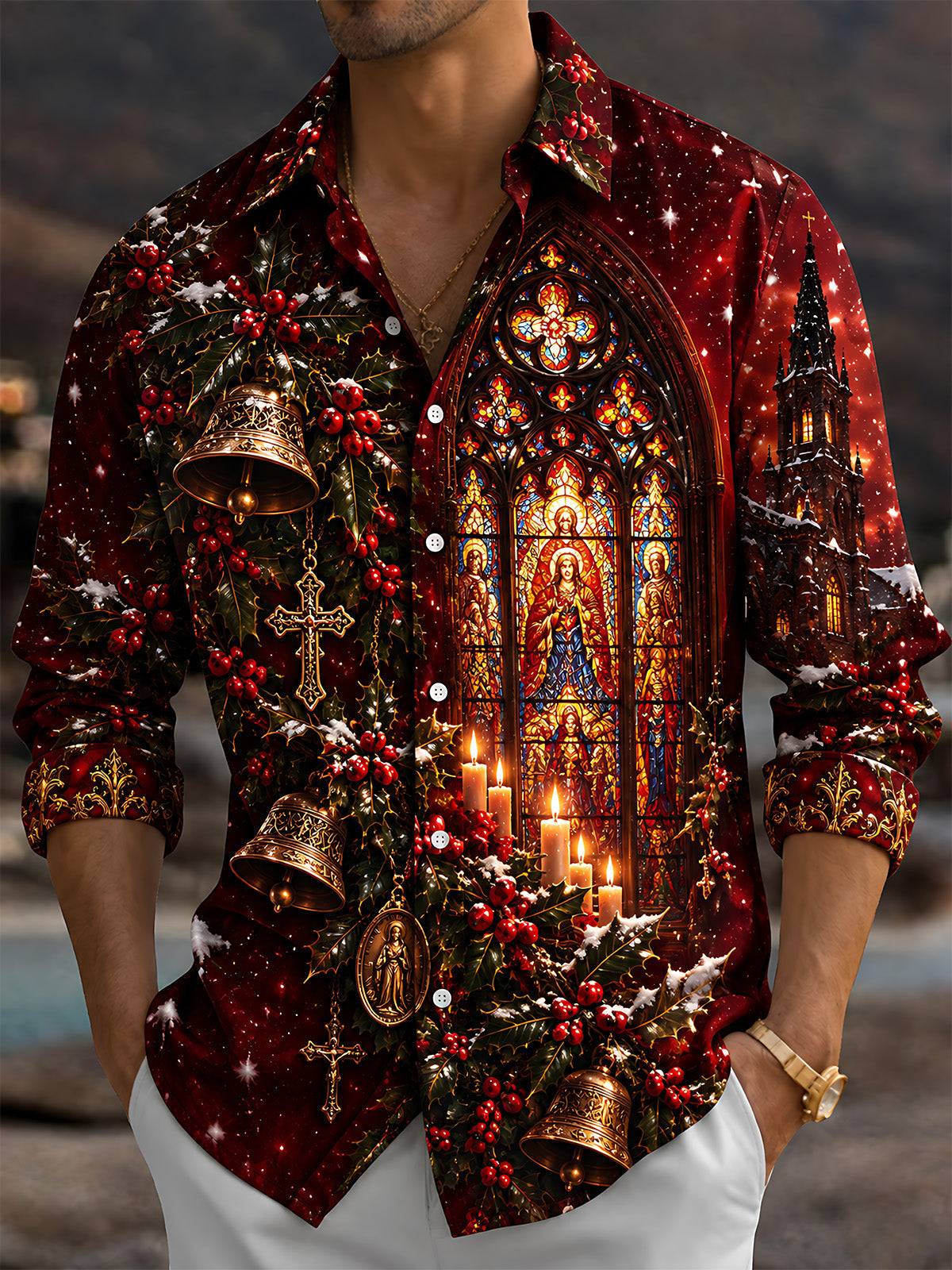 Oceanlyte Men's Long Sleeve Shirt - Christmas Gothic Stained Glass Window And Religious Figures Print with Chest Pocket