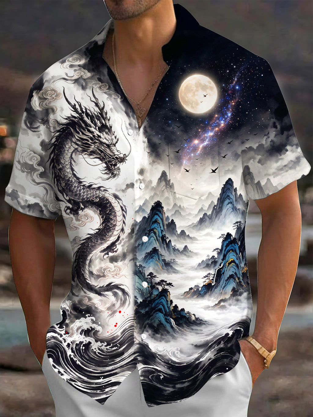 Oceanlyte Men's Short Sleeve Shirt - Ink Dragon And Moonlit Mountain Landscape Print with Chest Pocket