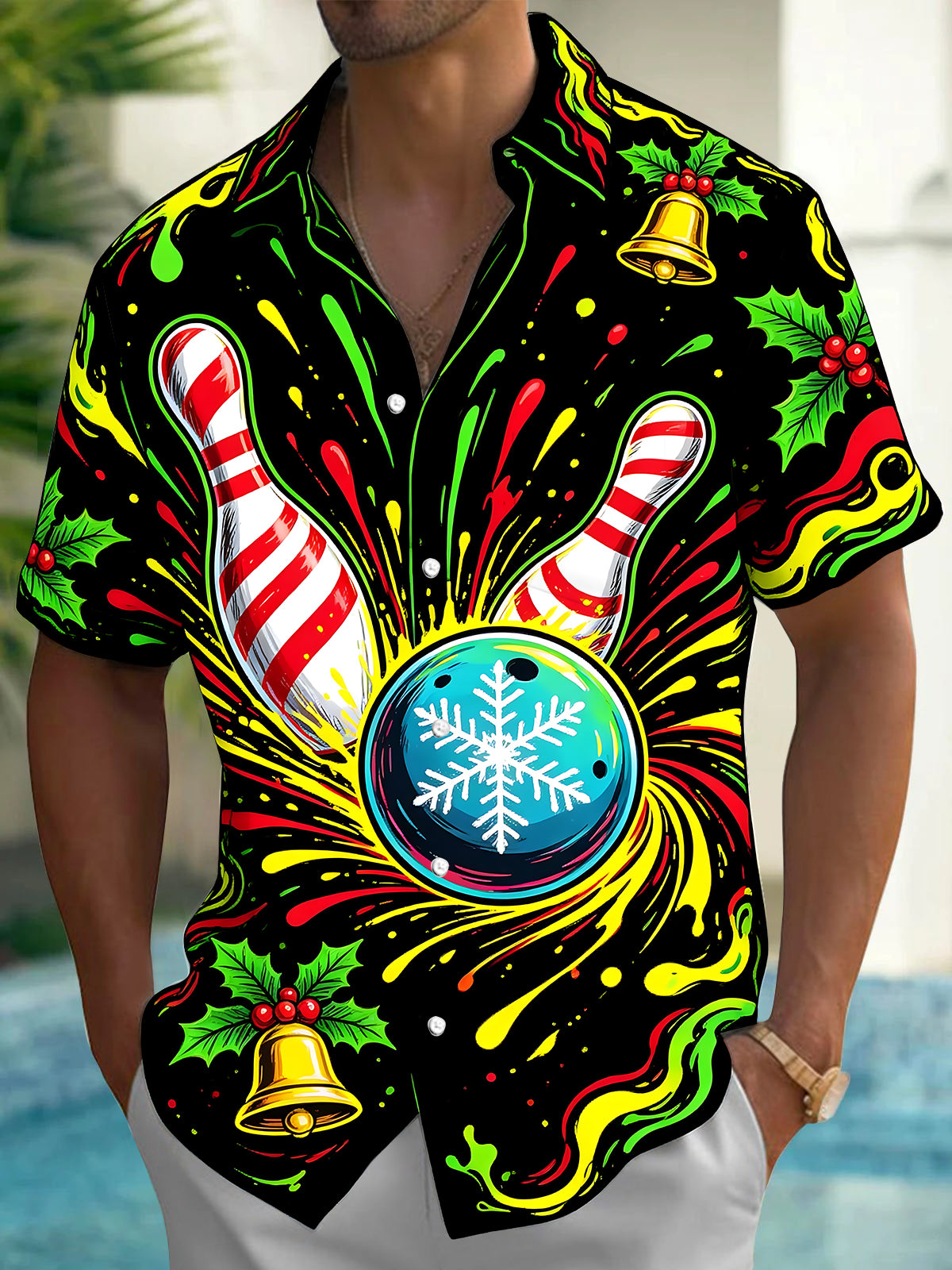 Oceanlyte Men's Short Sleeve Shirt - Christmas Bowling Pins And Snowflake Bowling Ball Print with Chest Pocket