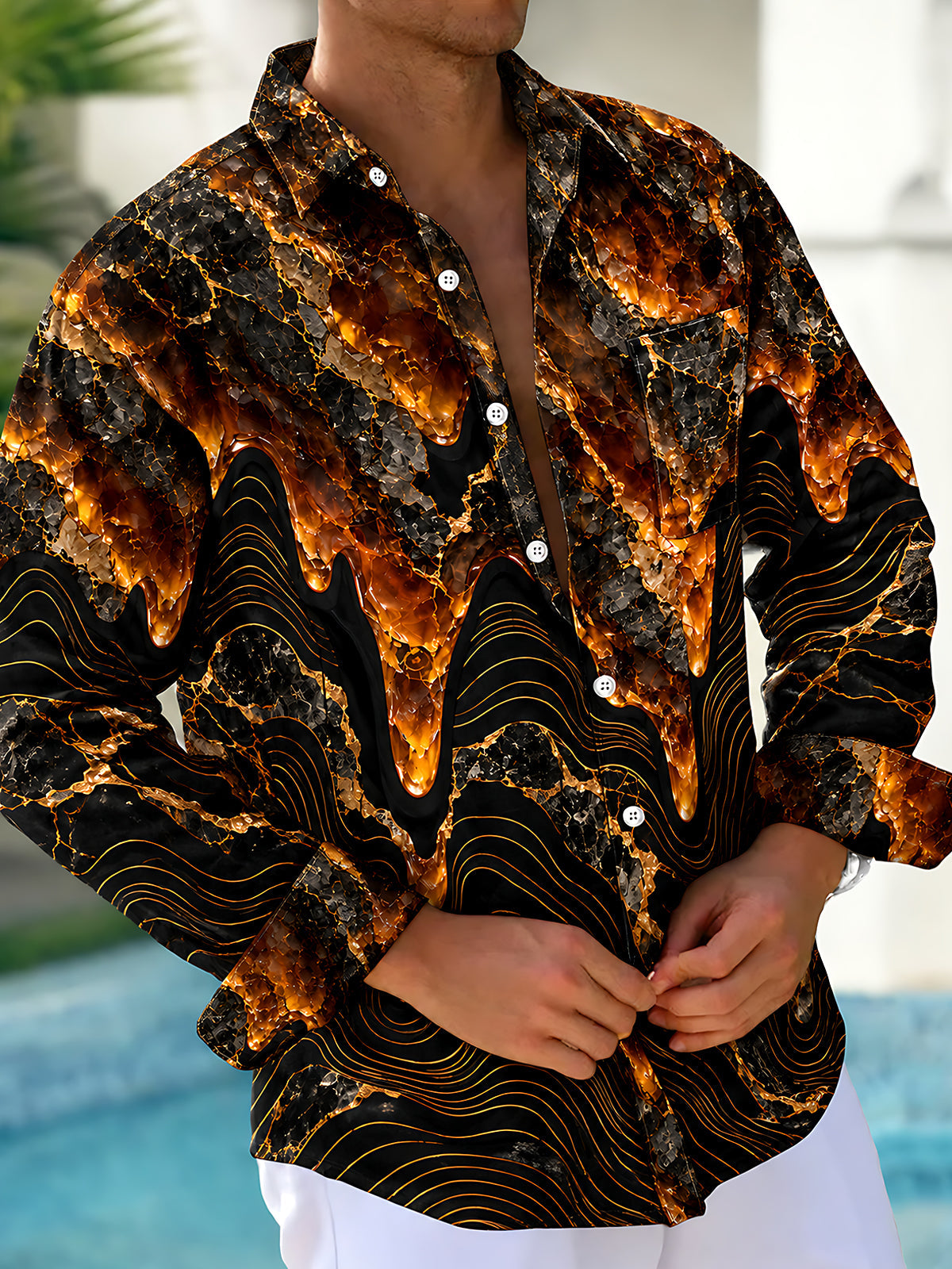 Oceanlyte Men's Abstract Geometric Lava And Wave Lines Print Long Sleeve Shirt with Chest Pocket