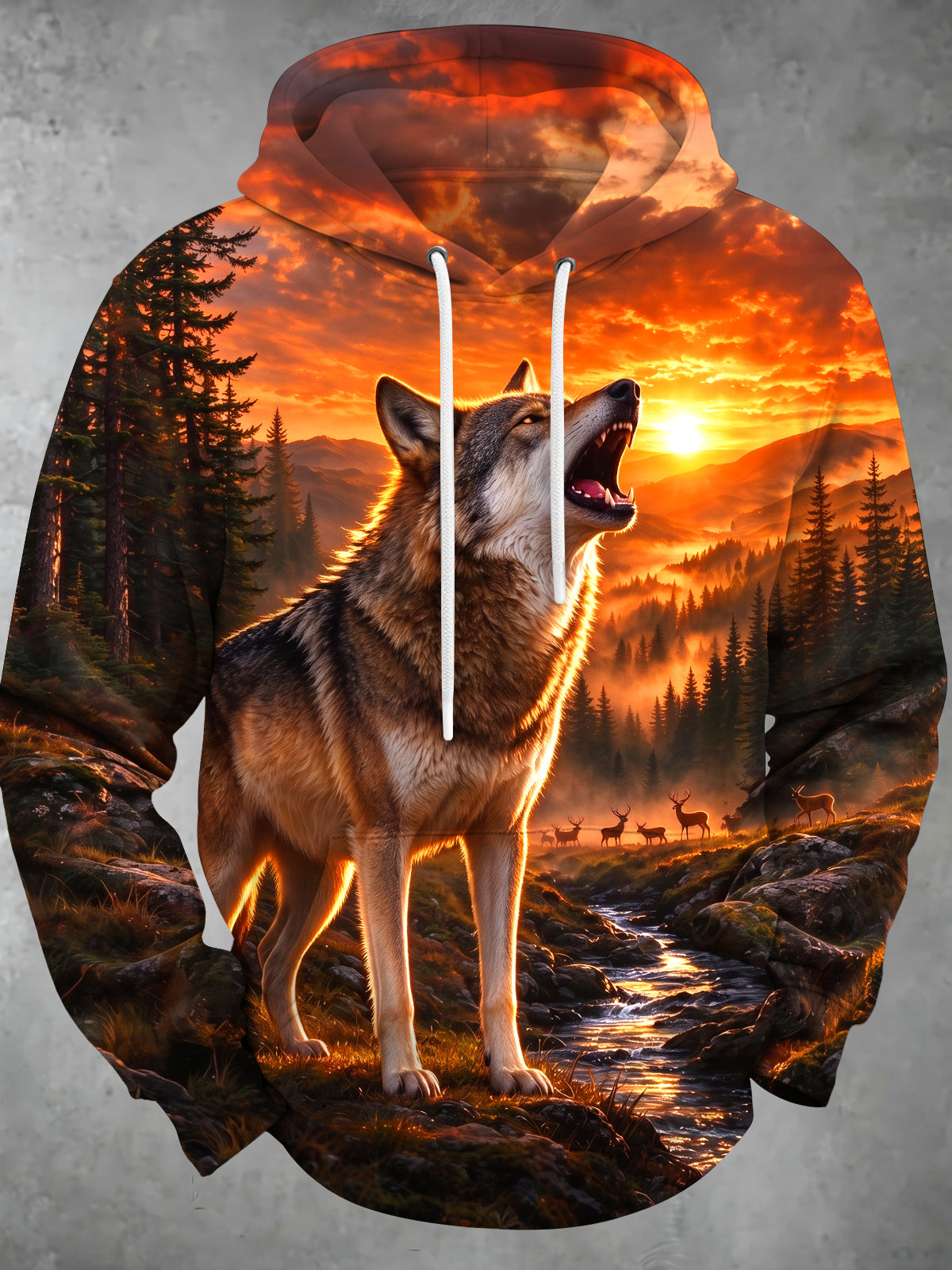 Oceanlyte Men's Howling Wolf And Deer In Sunset Forest Print Long Sleeve Hoodie