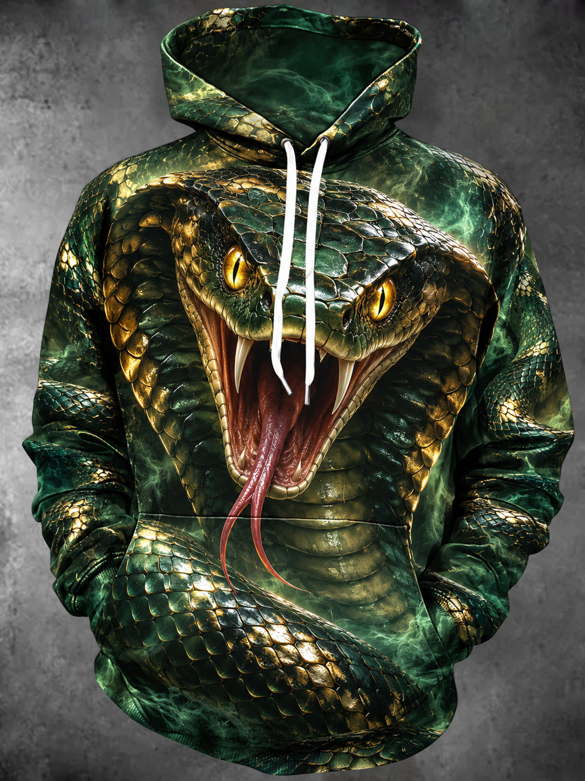 Oceanlyte Men's Long Sleeve Hoodie - Cobra Snake With Open Mouth And Forked Tongue Print