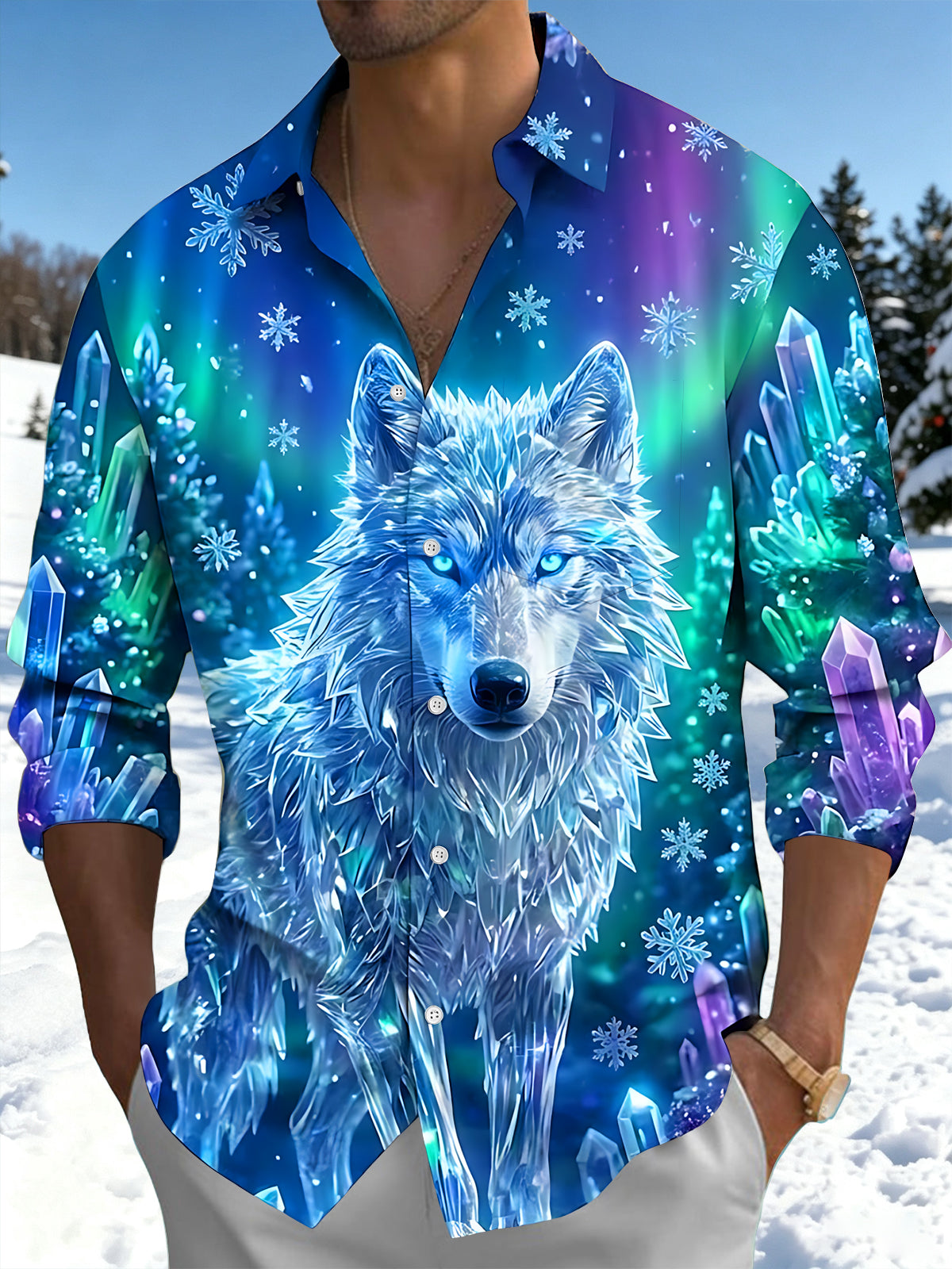 Oceanlyte Men's Graphic Ice Crystal Wolf Print Long Sleeve Shirt with Chest Pocket