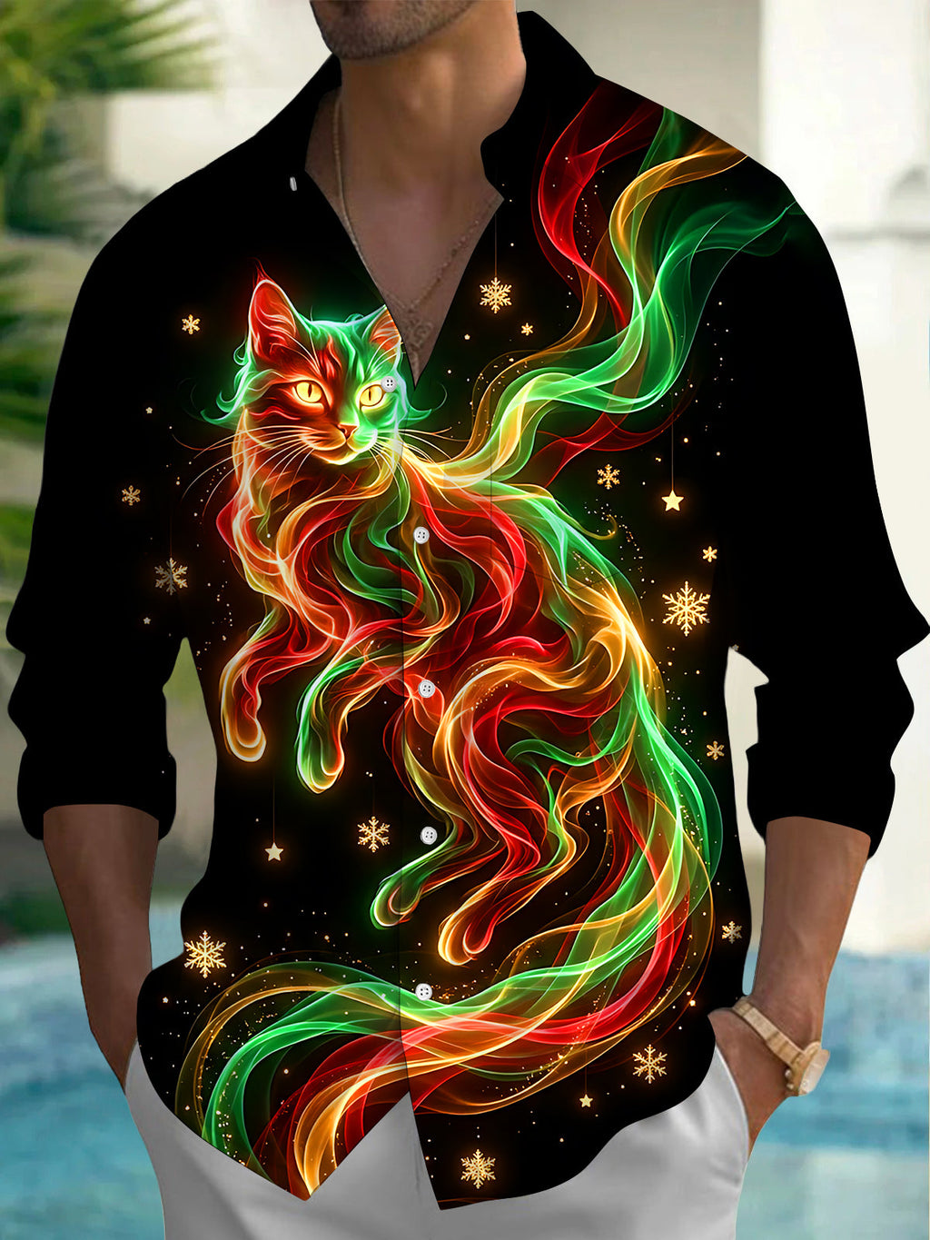 Oceanlyte Men's Long Sleeve Shirt - Christmas Neon Colorful Cat With Snowflakes And Stars Print with Chest Pocket