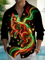 Oceanlyte Men's Long Sleeve Shirt - Christmas Neon Colorful Cat With Snowflakes And Stars Print with Chest Pocket
