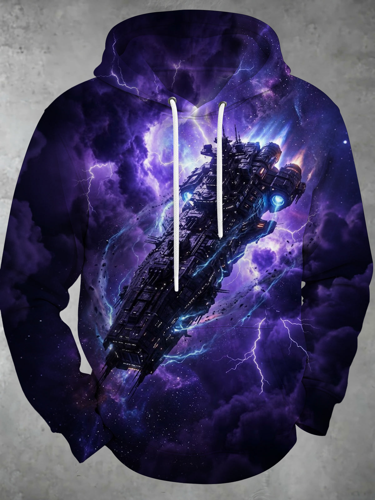 Oceanlyte Men's Long Sleeve Hoodie - Sci-fi Spaceship With Lightning And Nebula Print