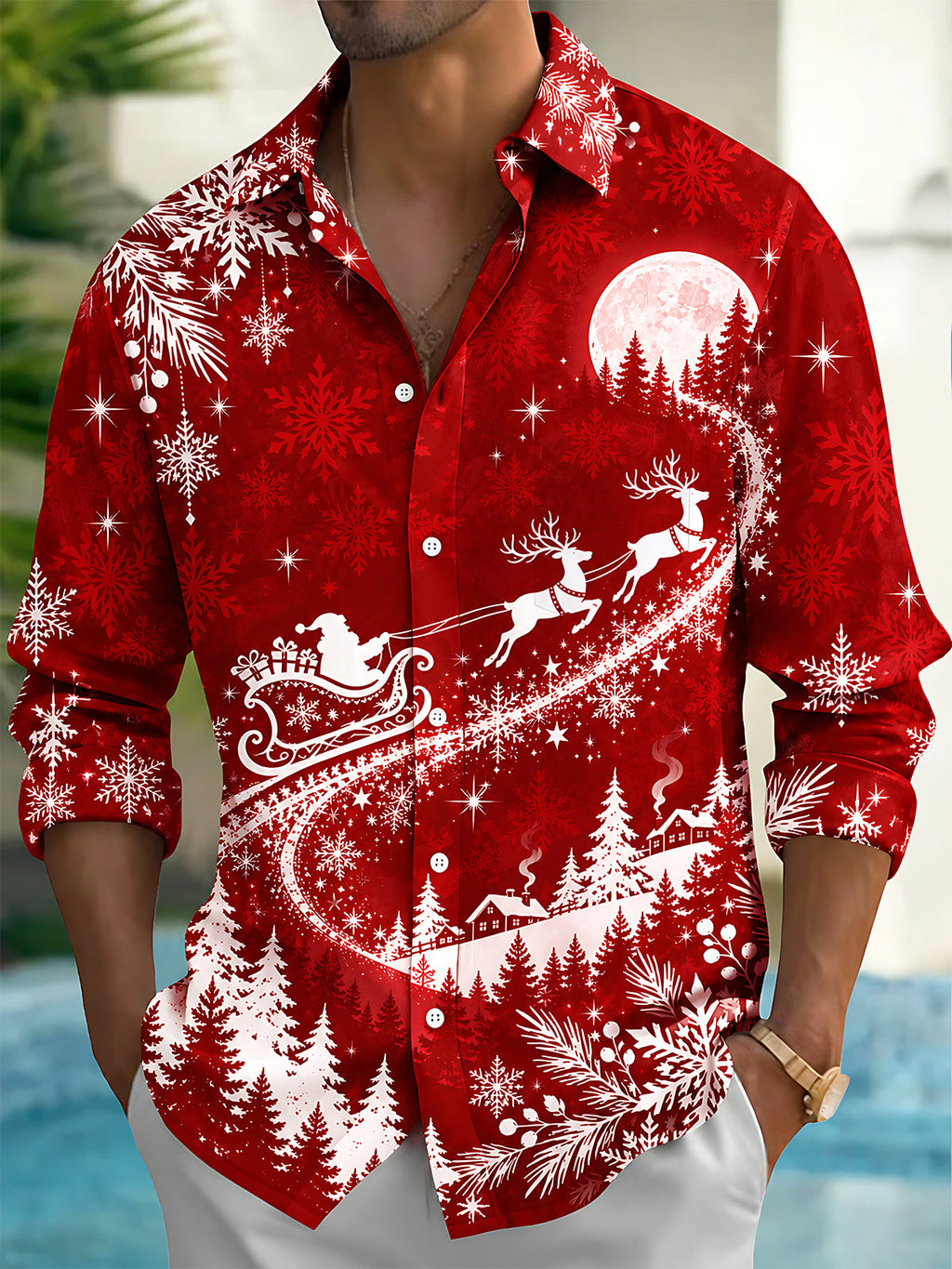 Oceanlyte Men's Printed Snowflakes Print Winter Forest Print Long Sleeve Shirt with Chest Pocket