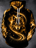 Oceanlyte Men's Long Sleeve Hoodie - Golden Wolf Head With Fire And Galaxy Swirl Print