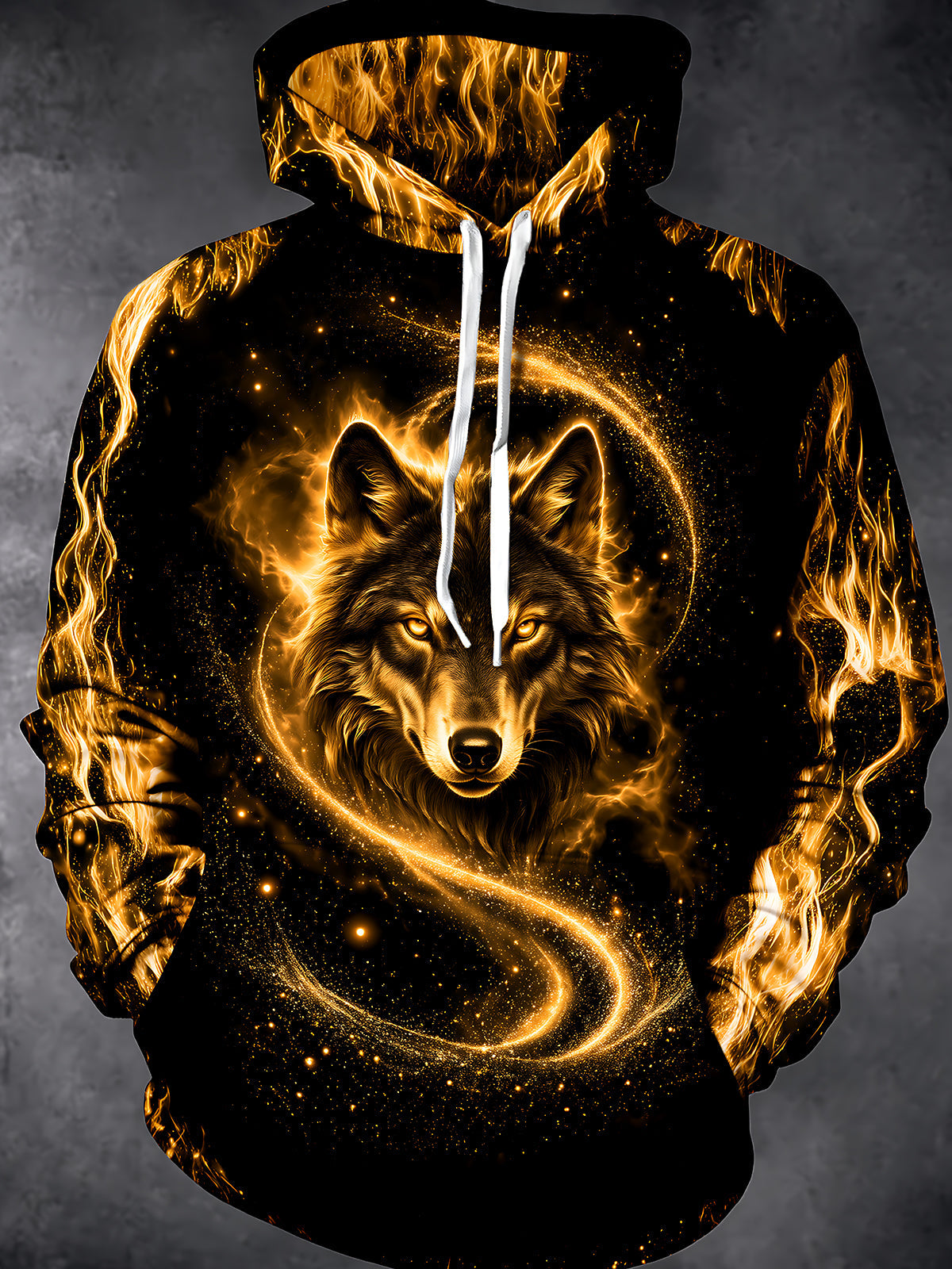 Oceanlyte Men's Long Sleeve Hoodie - Golden Wolf Head With Fire And Galaxy Swirl Print