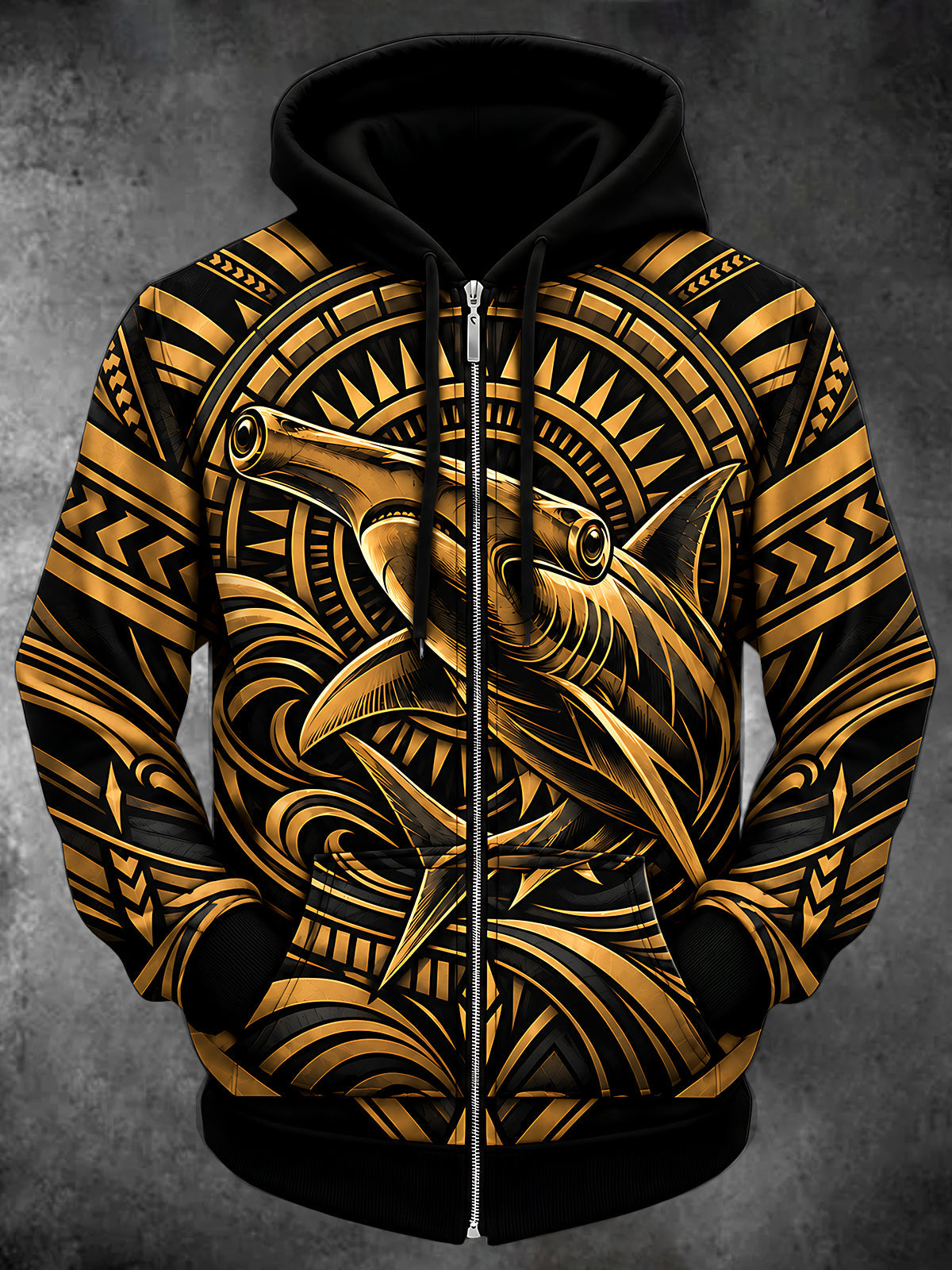 Oceanlyte Men's Long Sleeve Zip-Up Hoodie - Hammerhead Shark With Tribal Patterns Print