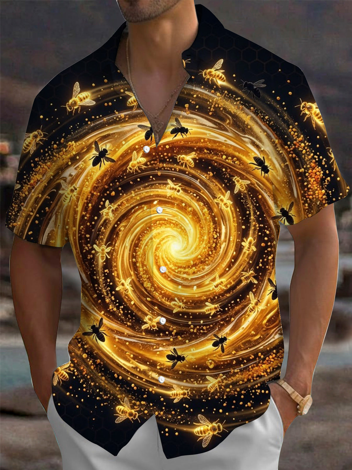 Oceanlyte Men's Hawaiian Golden Vortex And Bees Print Short Sleeve Shirt with Chest Pocket