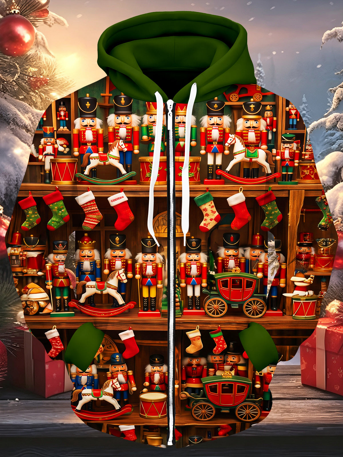 Oceanlyte Men's Long Sleeve Zip-Up Hoodie - Toy Cabinet Nutcracker Soldiers And Christmas Stockings Print