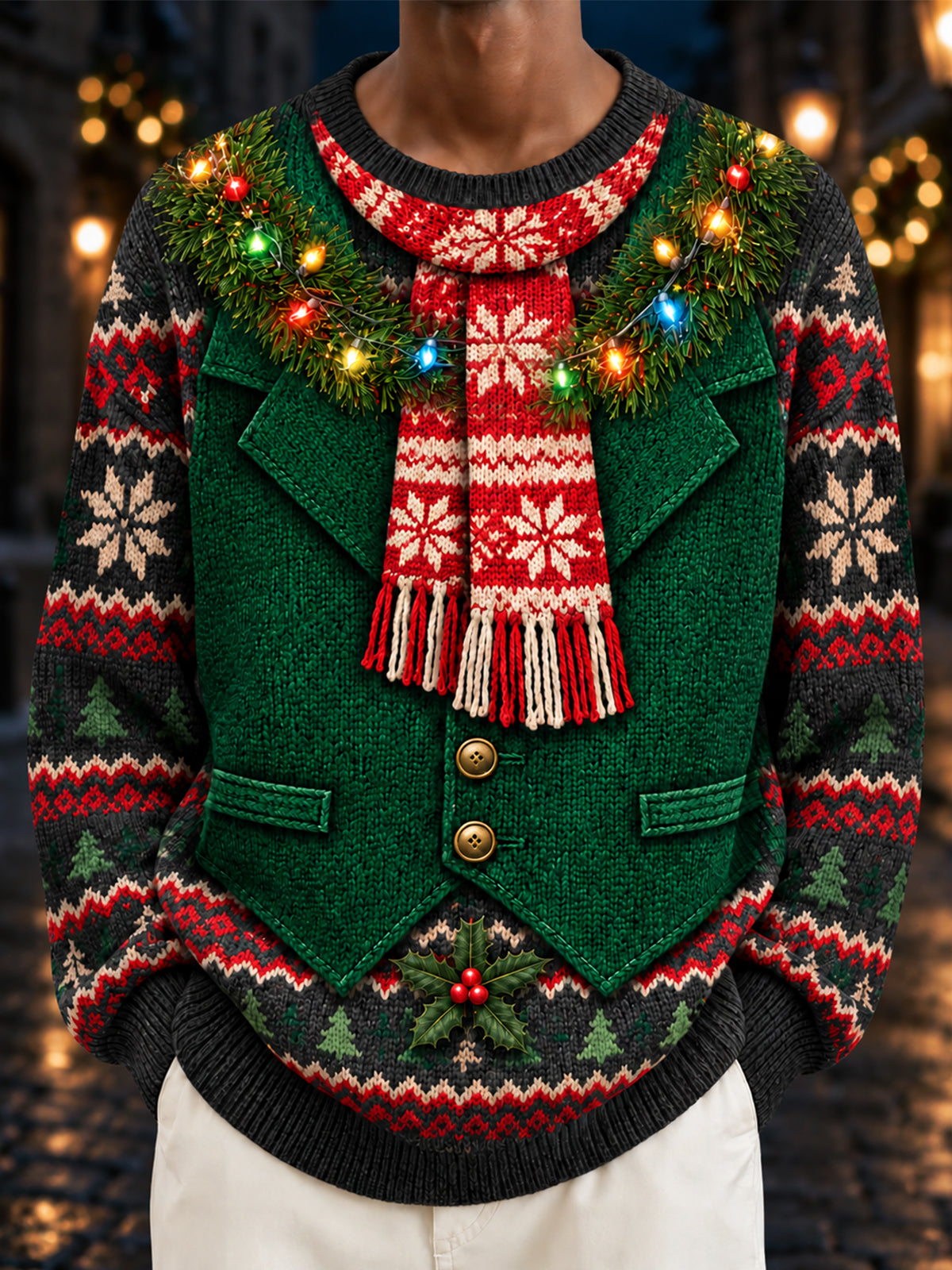 Oceanlyte Men's Long Sleeve Crew Neck Sweater - Christmas Vest And Scarf With Christmas Lights And Holly Print