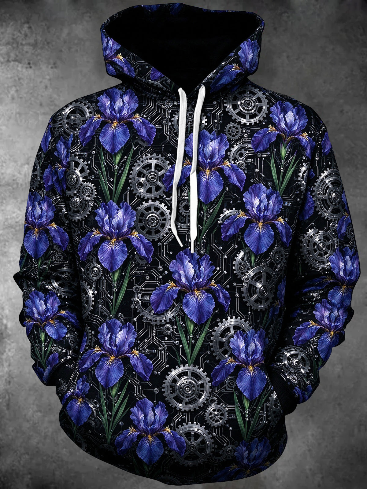 Oceanlyte Men's Blue Iris Flowers And Mechanical Gears Print Long Sleeve Hoodie