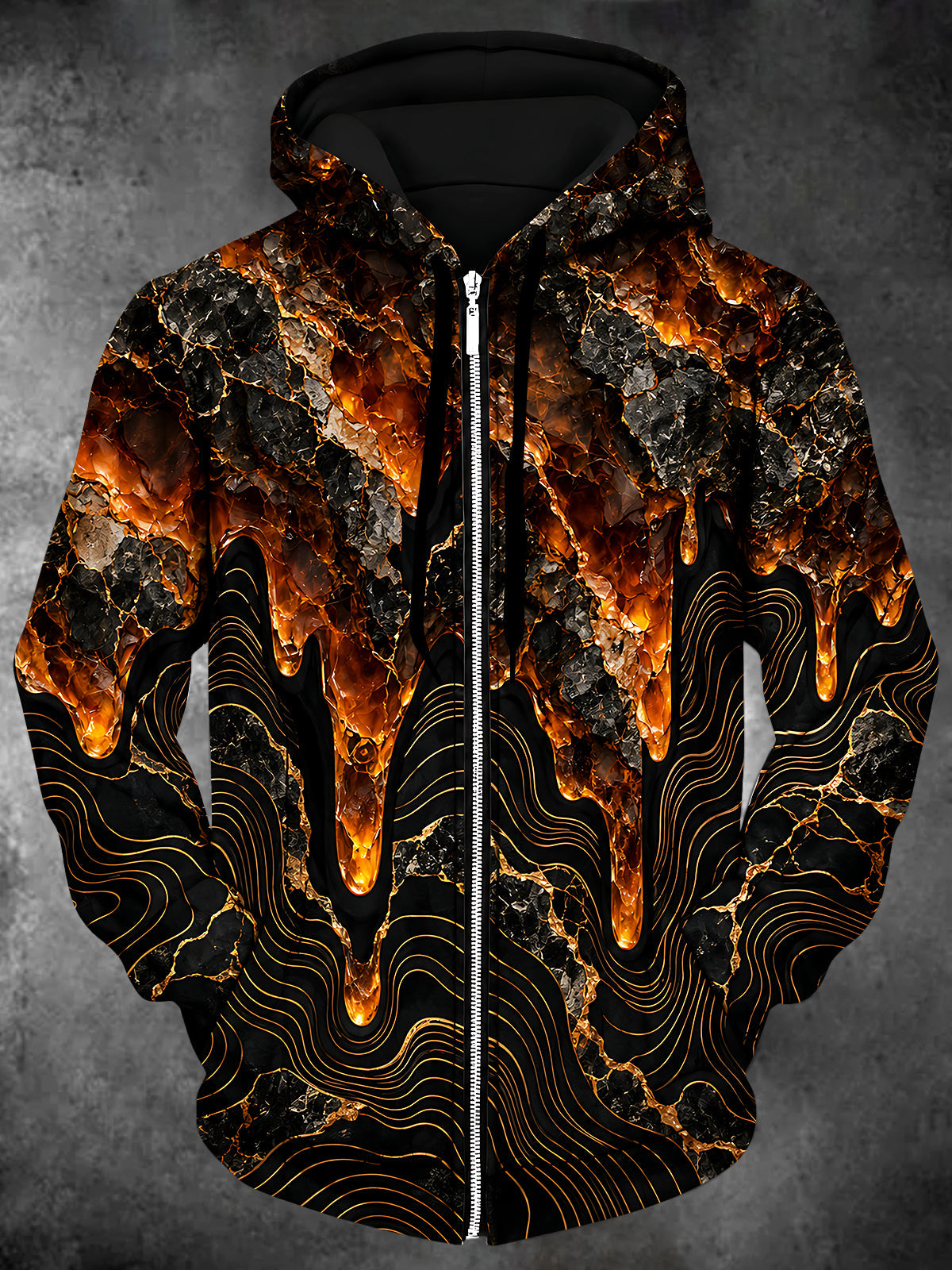 Oceanlyte Men's Long Sleeve Zip-Up Hoodie - Abstract Lava And Geometric Lines Print with Kangaroo Pocket