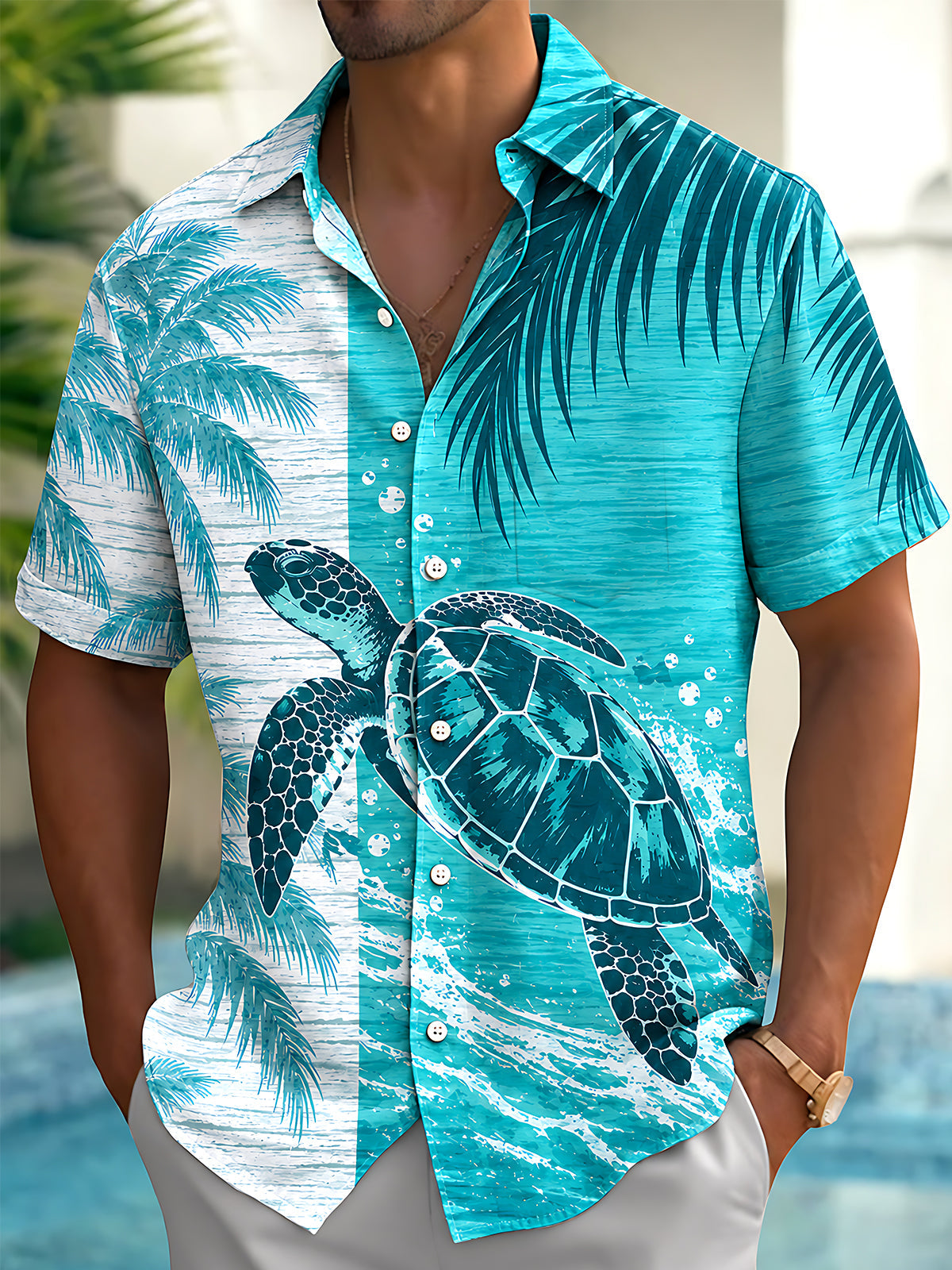 Oceanlyte Men's Hawaiian Sea Turtle Print Palm Leaves Print Short Sleeve Shirt with Chest Pocket