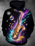 Oceanlyte Men's Christmas Saxophone And Musical Notes Print Long Sleeve Hoodie