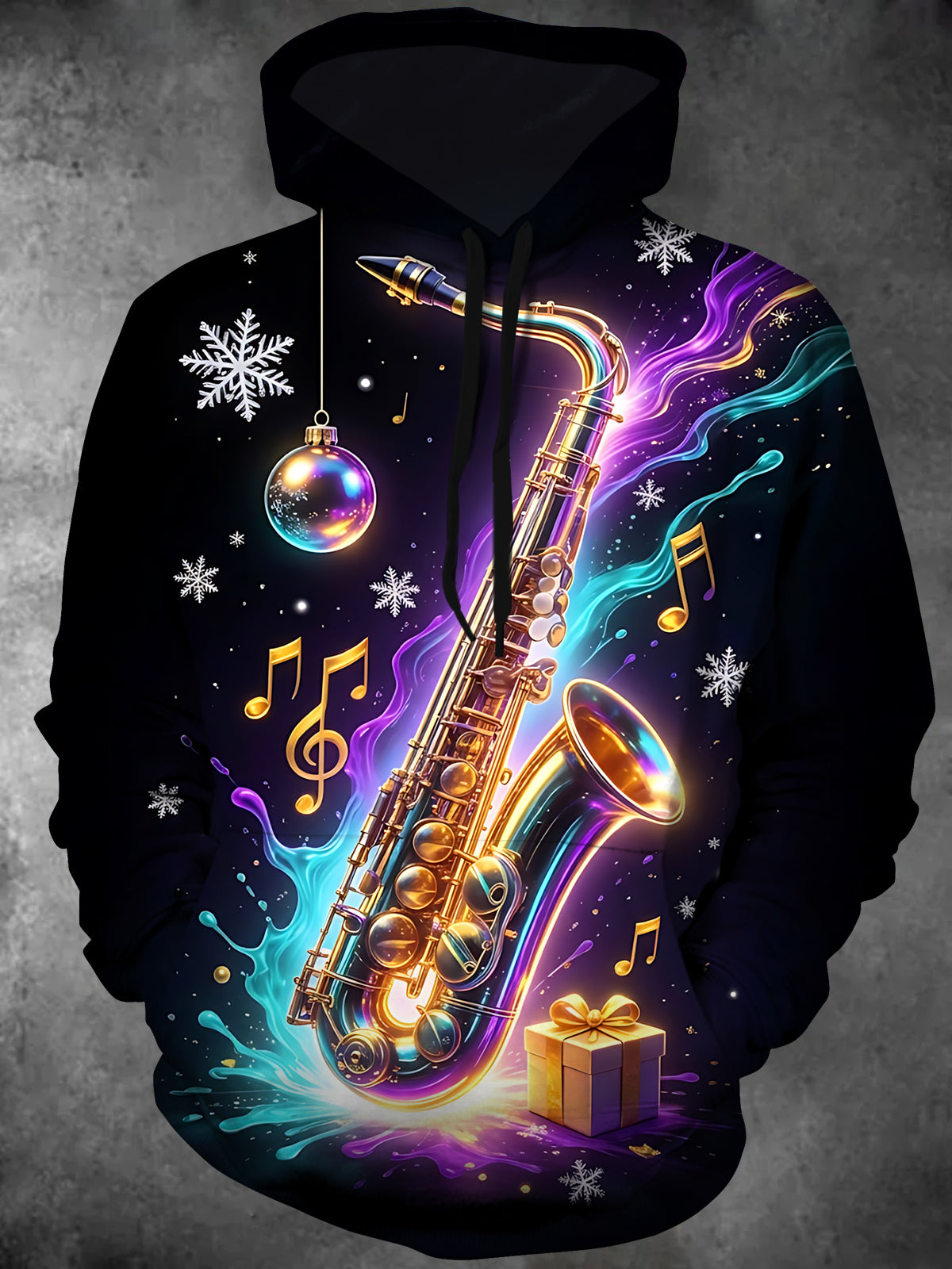 Oceanlyte Men's Christmas Saxophone And Musical Notes Print Long Sleeve Hoodie