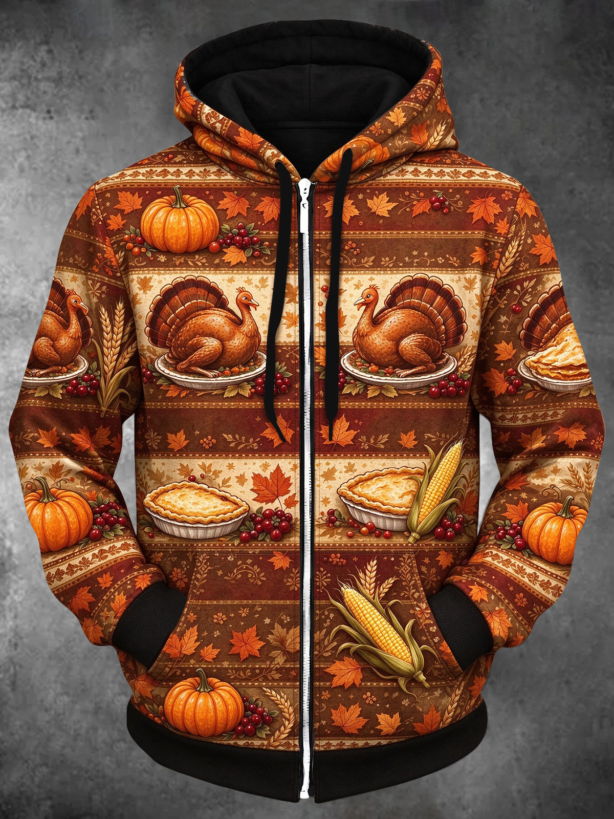 Oceanlyte Men's Long Sleeve Zip-Up Hoodie - Thanksgiving Roasted Turkeys And Pies Print with Kangaroo Pocket