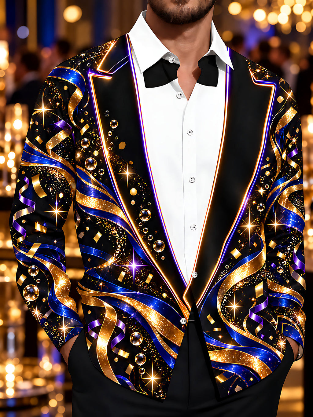 Oceanlyte Men's Long Sleeve Shirt - Gold And Blue Ribbons With Sparkles And Bubbles Print with Chest Pocket