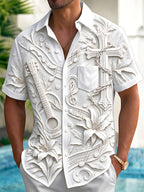 Oceanlyte Men's Short Sleeve Shirt - Embossed Guitar And Cross With Lily Flowers Print with Chest Pocket