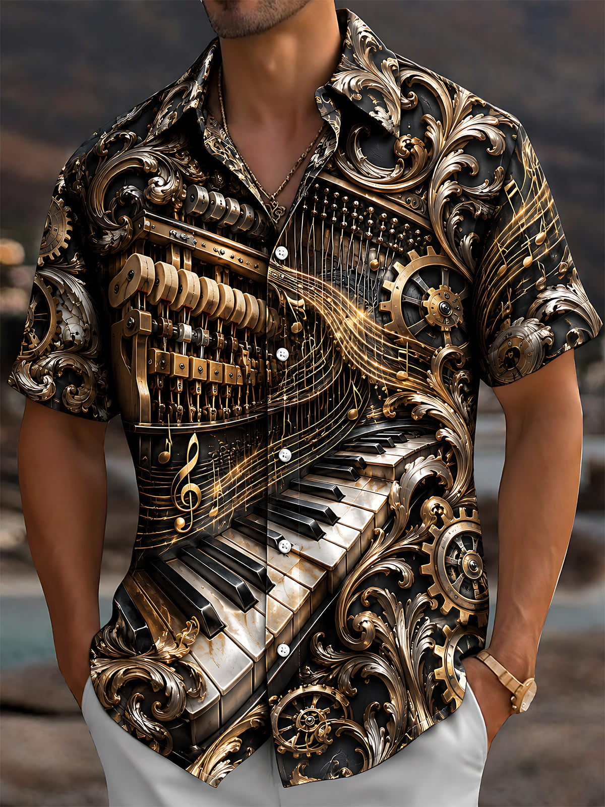 Oceanlyte Men's Steampunk Piano And Musical Notes Print Short Sleeve Shirt with Chest Pocket