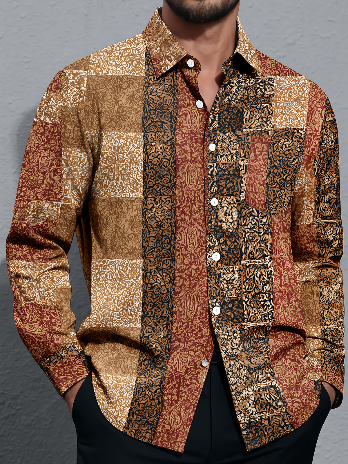 Oceanlyte Men's Vintage Style Paisley Patchwork Print Long Sleeve Shirt with Chest Pocket