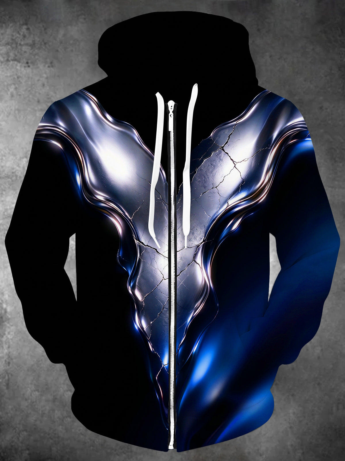 Oceanlyte Men's 3D Liquid Metal Crack Pattern Long Sleeve Zip-Up Hoodie with Kangaroo Pocket