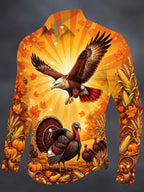 Oceanlyte Men's Thanksgiving Bald Eagle And Turkeys Print Long Sleeve Shirt with Chest Pocket
