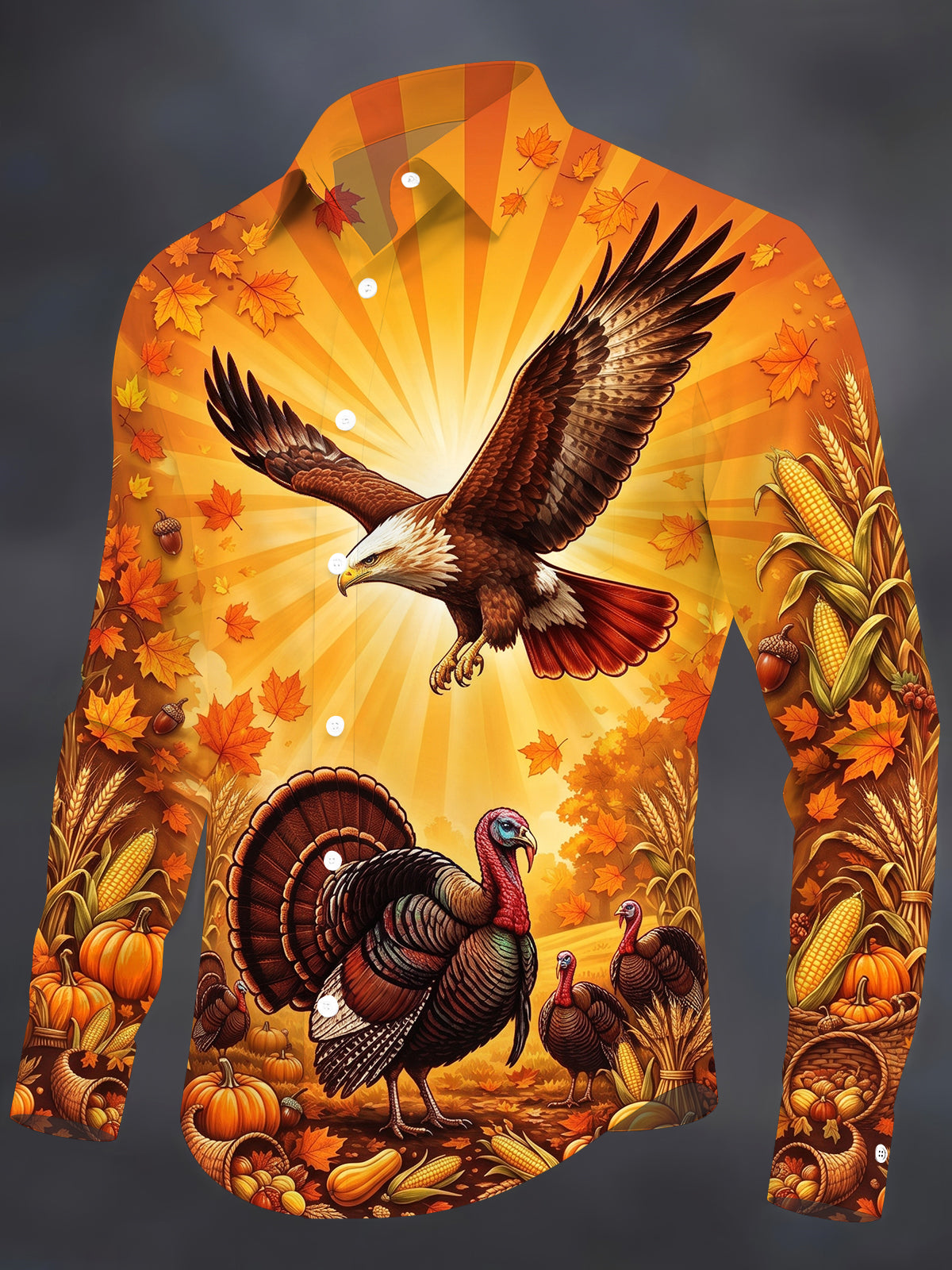 Oceanlyte Men's Thanksgiving Bald Eagle And Turkeys Print Long Sleeve Shirt with Chest Pocket