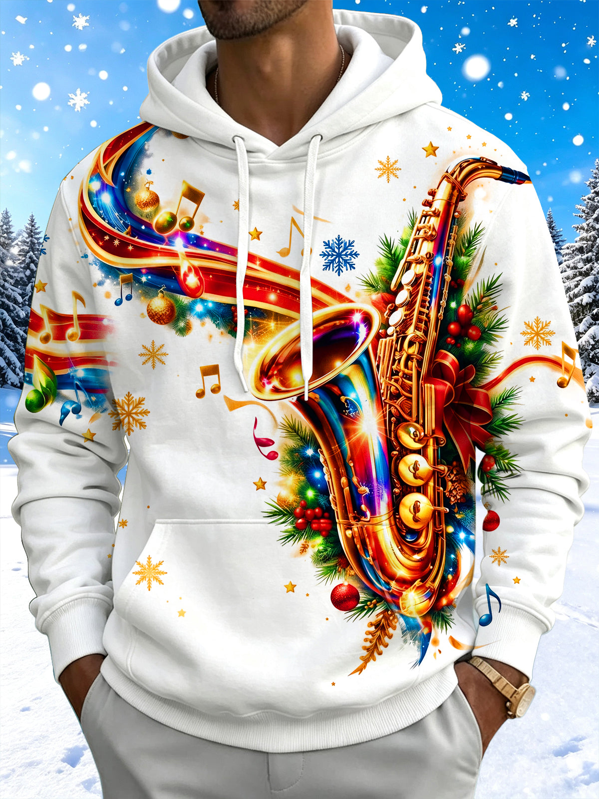 Oceanlyte Men's Long Sleeve Hoodie - Saxophone With Christmas Ornaments And Pine Branches Print