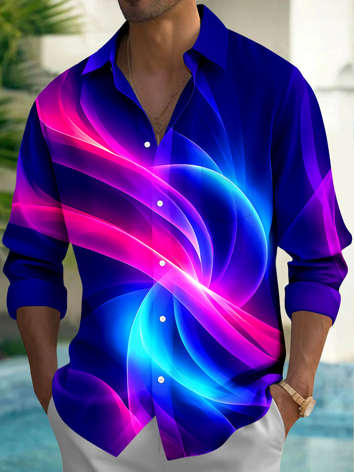 Oceanlyte Men's Abstract Swirling Gradient Waves Print Long Sleeve Shirt with Chest Pocket