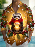 Oceanlyte Men's Long Sleeve Shirt - Christmas Ferret With Red Scarf And Glowing Orb Print with Chest Pocket
