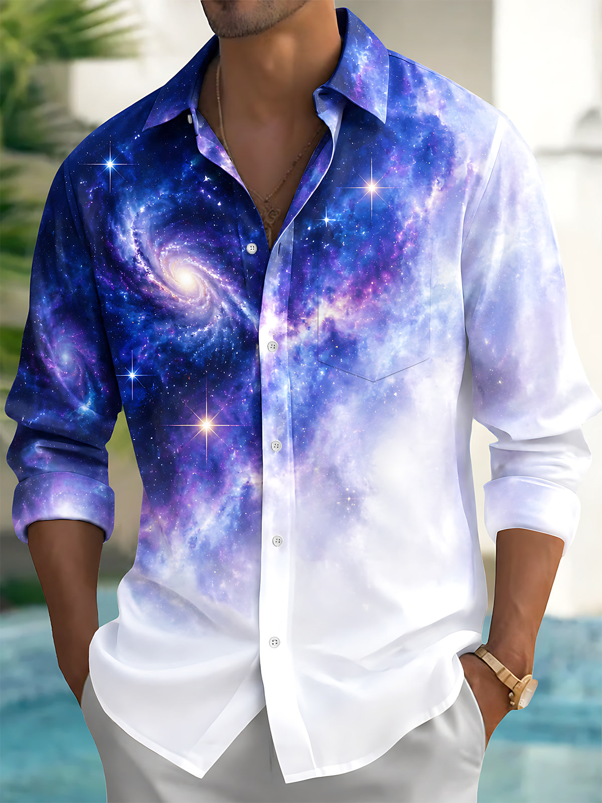 Oceanlyte Men's Printed Galaxy Nebula And Stars Print Long Sleeve Shirt with Chest Pocket