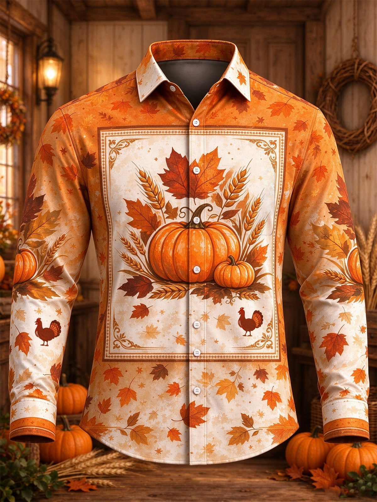 Oceanlyte Men's Long Sleeve Shirt - Thanksgiving Pumpkins Turkeys And Autumn Leaves Print with Chest Pocket