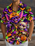 Oceanlyte Men's Halloween Purple Bat-cat And Mummy Cat Print Short Sleeve Shirt with Chest Pocket