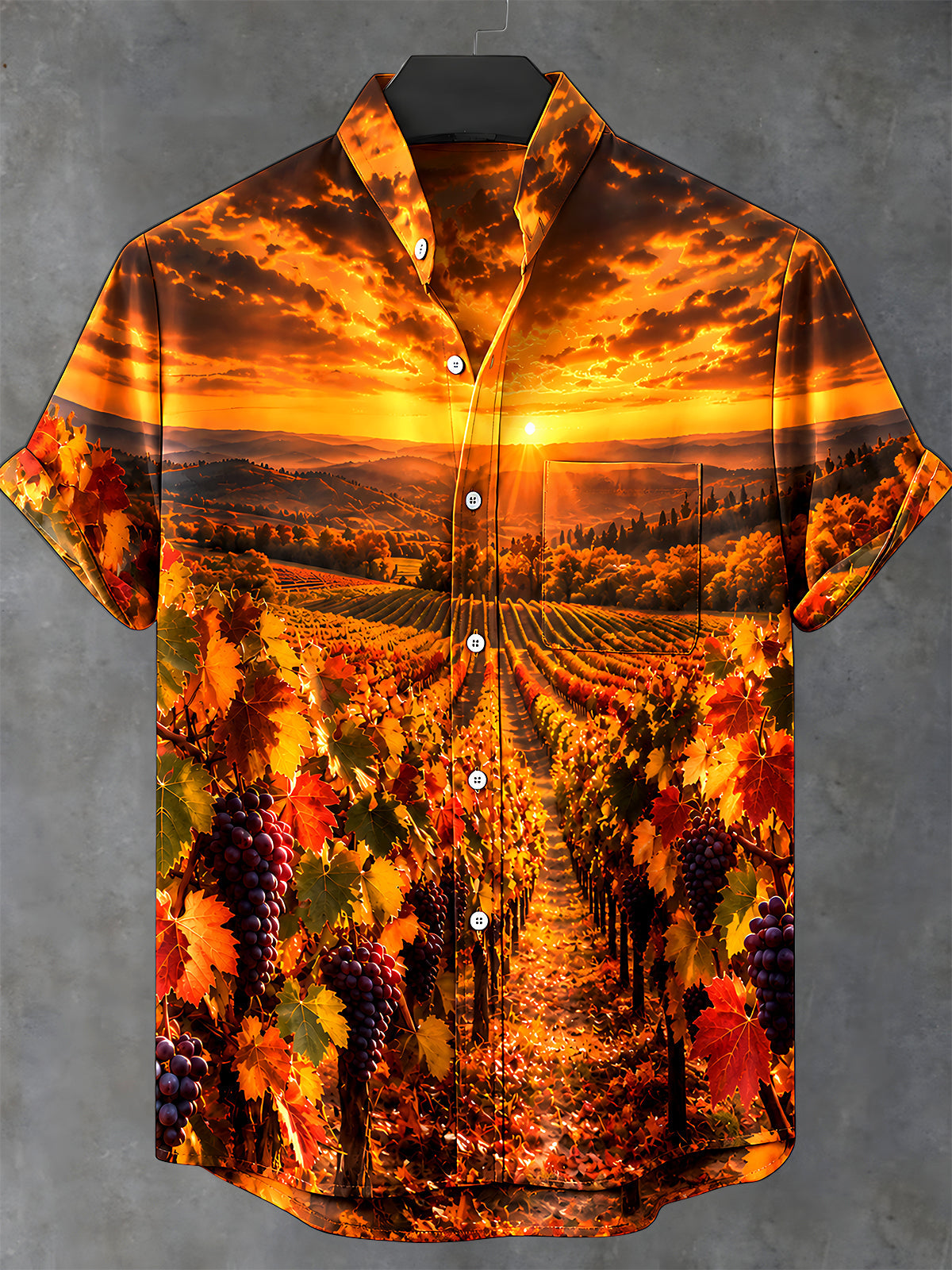 Oceanlyte Men's Short Sleeve Shirt - Autumn Vineyard Sunset Landscape With Grapes Print with Chest Pocket
