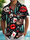 Oceanlyte Men's Graphic Poker Cards And Red Lips Print Short Sleeve Shirt with Chest Pocket