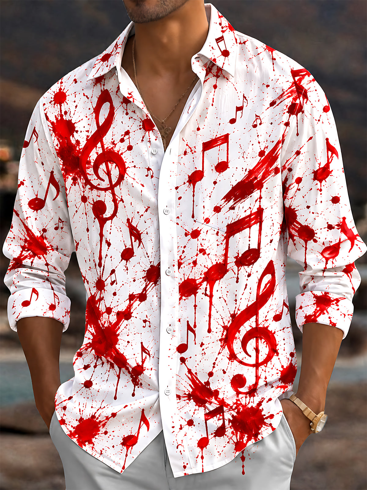 Oceanlyte Men's Long Sleeve Shirt - Halloween Red Musical Notes And Blood Splatter Print with Chest Pocket