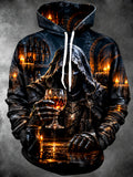Oceanlyte Men's Long Sleeve Hoodie - Dark Knight In Hooded Armor Holding Wine Glass Print
