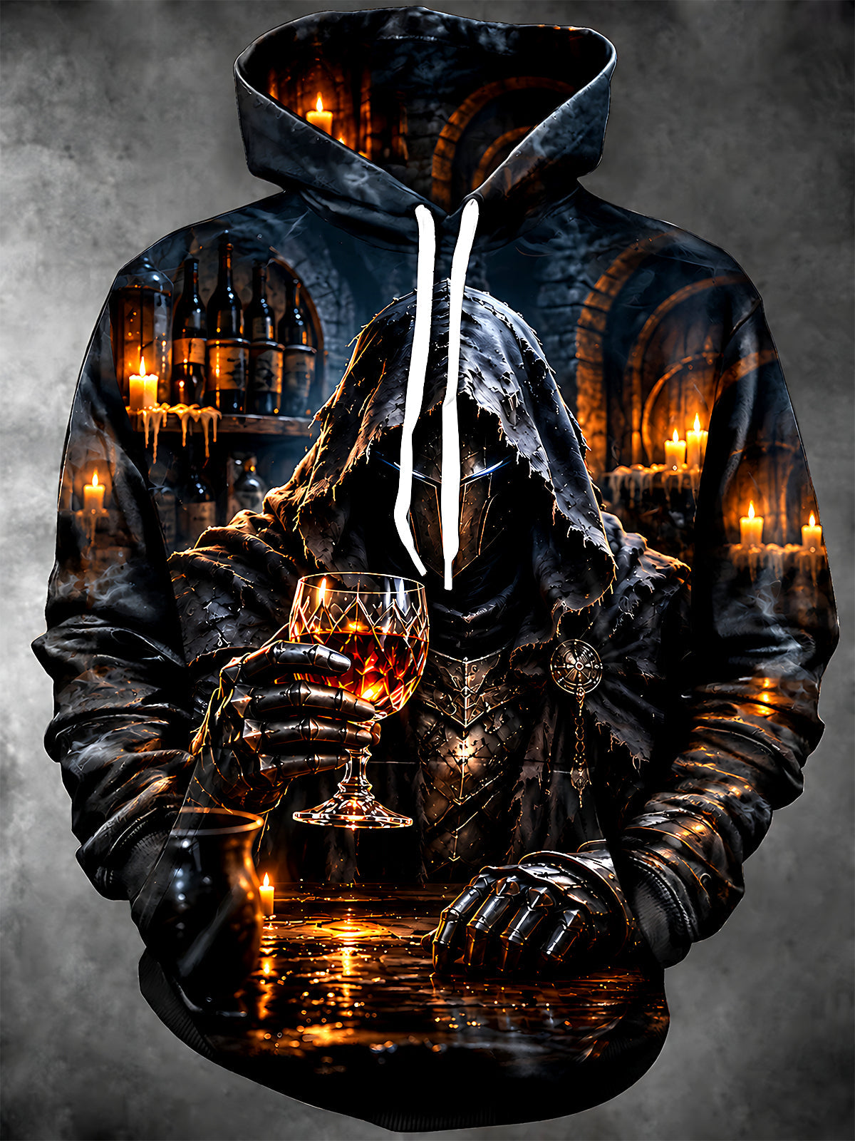 Oceanlyte Men's Long Sleeve Hoodie - Dark Knight In Hooded Armor Holding Wine Glass Print