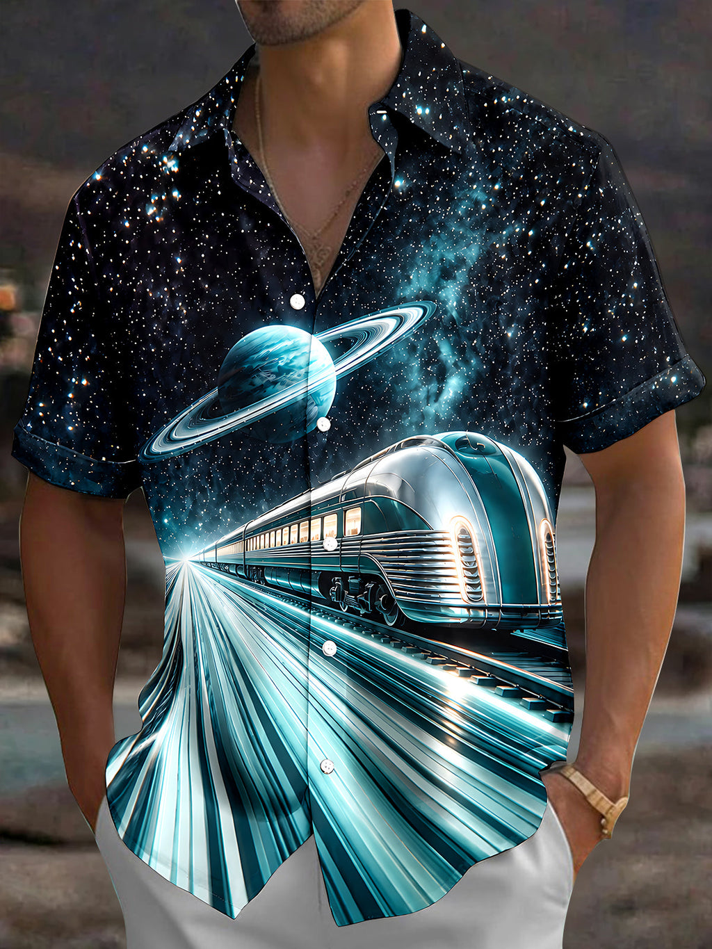 Oceanlyte Men's Graphic Interstellar Train And Planet Print Short Sleeve Shirt with Chest Pocket