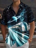 Oceanlyte Men's Graphic Interstellar Train And Planet Print Short Sleeve Shirt with Chest Pocket