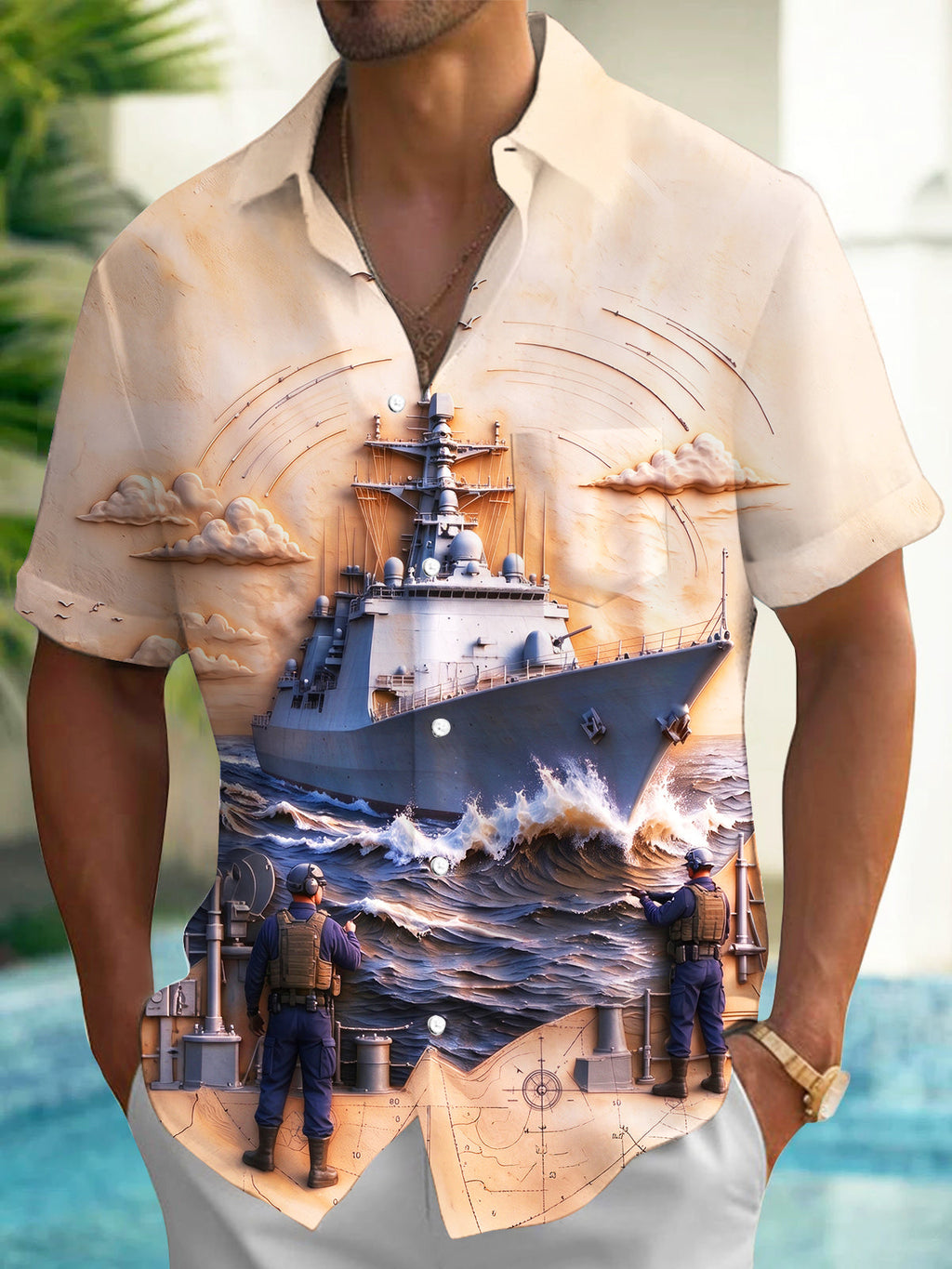 The "Aegis Sentinel" Oceanlyte Men's Short Sleeve Shirt - Navy Destroyer Ship And Sailors Print with Chest Pocket