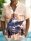 The "Aegis Sentinel" Oceanlyte Men's Short Sleeve Shirt - Navy Destroyer Ship And Sailors Print with Chest Pocket