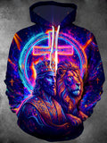 Oceanlyte Men's Neon Cosmic Lion And King With Cross Print Long Sleeve Hoodie