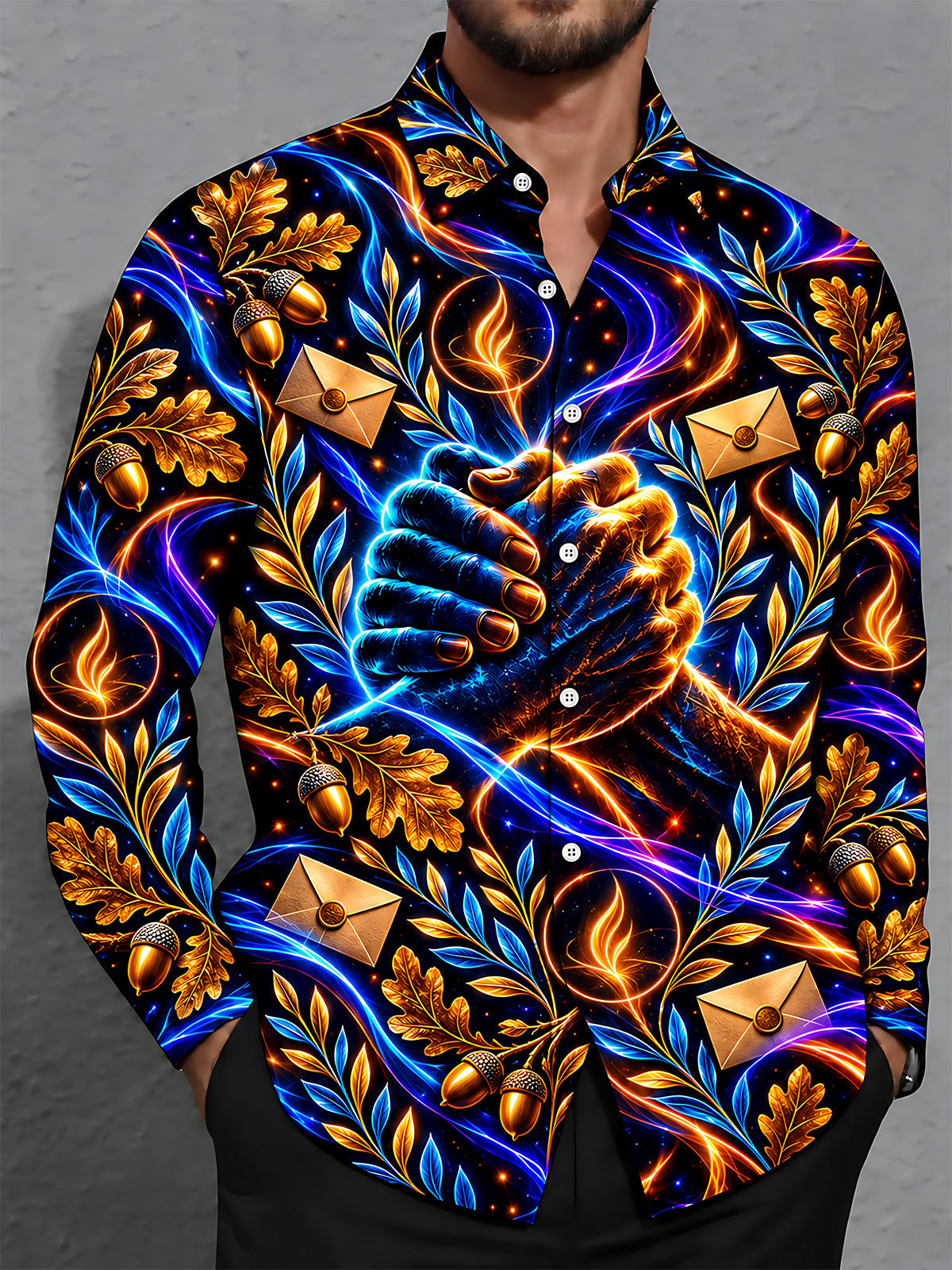 Oceanlyte Men's Long Sleeve Shirt - The "Letters from the Front" Neon Shaking Hands and Letter Print with Chest Pocket
